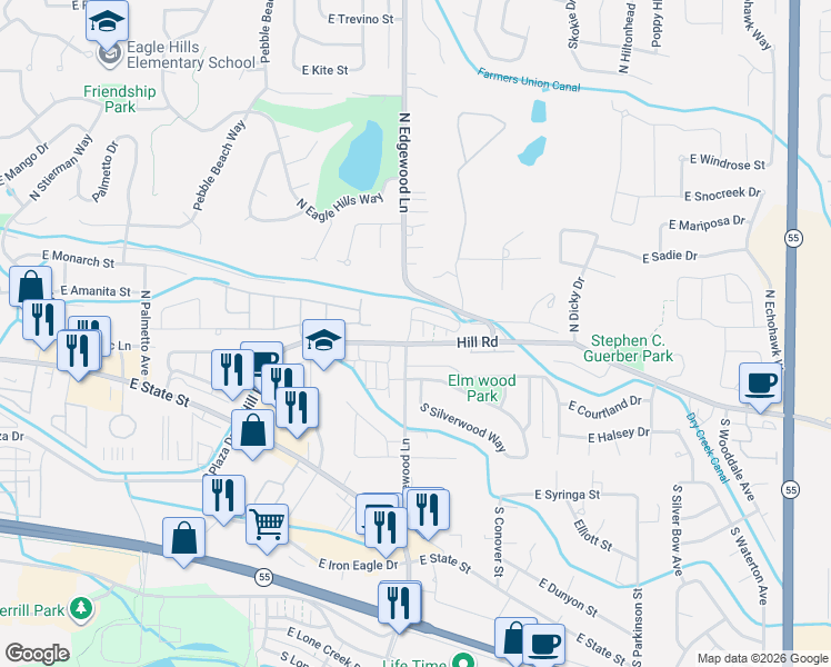 map of restaurants, bars, coffee shops, grocery stores, and more near 177 North Edgewood Lane in Eagle