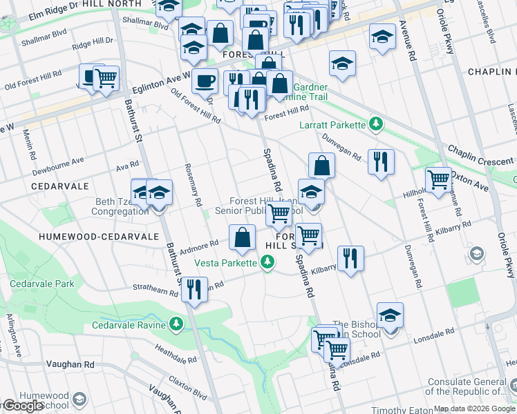 map of restaurants, bars, coffee shops, grocery stores, and more near 16 Silverwood Avenue in Toronto