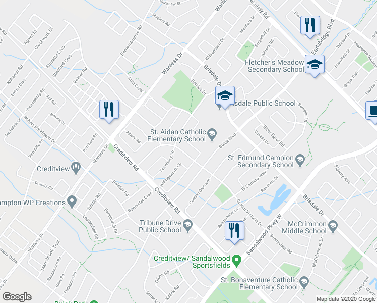 map of restaurants, bars, coffee shops, grocery stores, and more near 73 Crown Victoria Drive in Brampton
