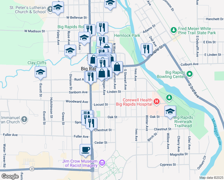map of restaurants, bars, coffee shops, grocery stores, and more near 216 South Warren Avenue in Big Rapids