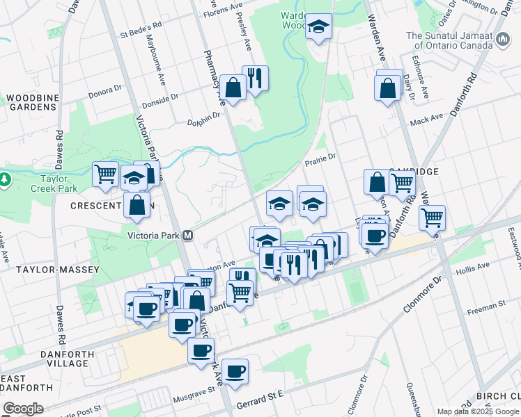 map of restaurants, bars, coffee shops, grocery stores, and more near 93 Pharmacy Avenue in Toronto
