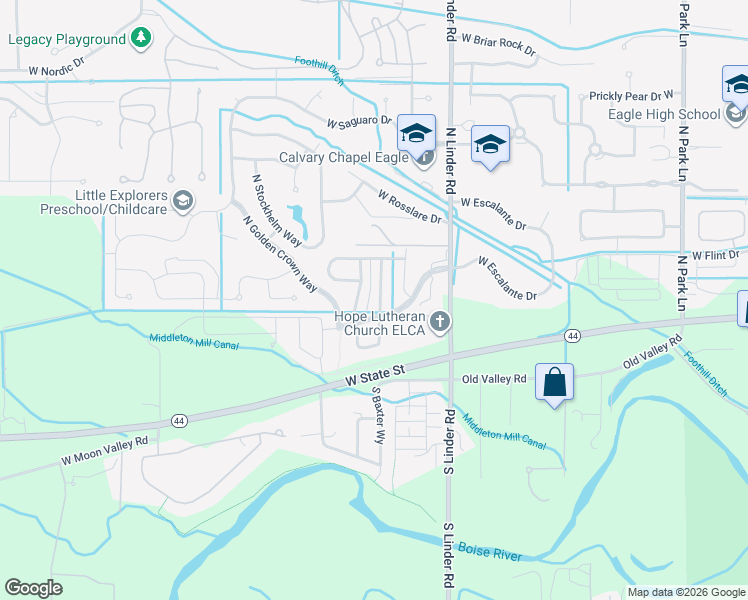 map of restaurants, bars, coffee shops, grocery stores, and more near 447 North Baxter Way in Eagle