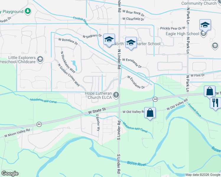 map of restaurants, bars, coffee shops, grocery stores, and more near 550 North Racing Water Place in Eagle
