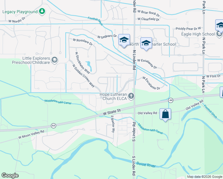 map of restaurants, bars, coffee shops, grocery stores, and more near 522 North Baxter Way in Eagle