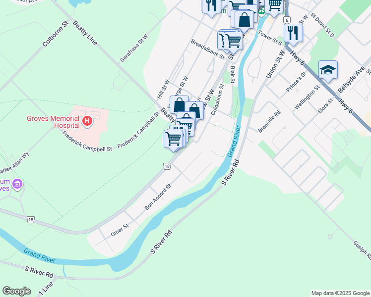 map of restaurants, bars, coffee shops, grocery stores, and more near Fergus Street in Fergus