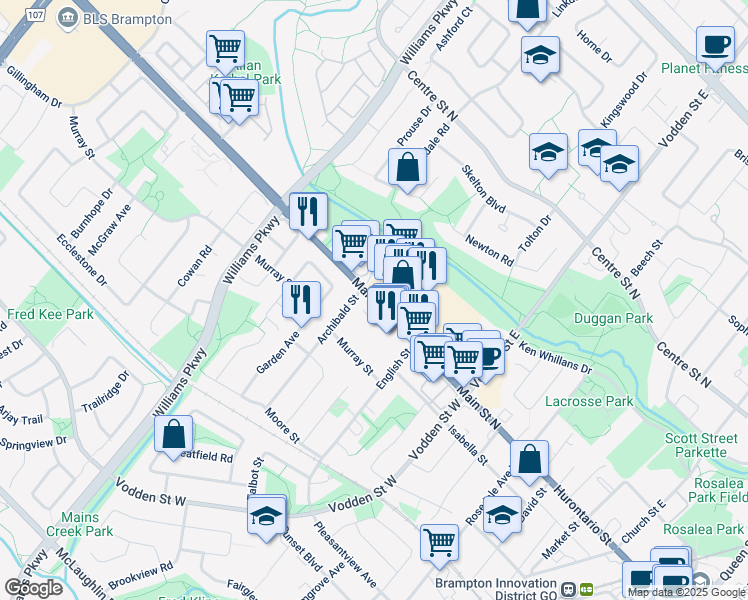 map of restaurants, bars, coffee shops, grocery stores, and more near Main Street North in Brampton