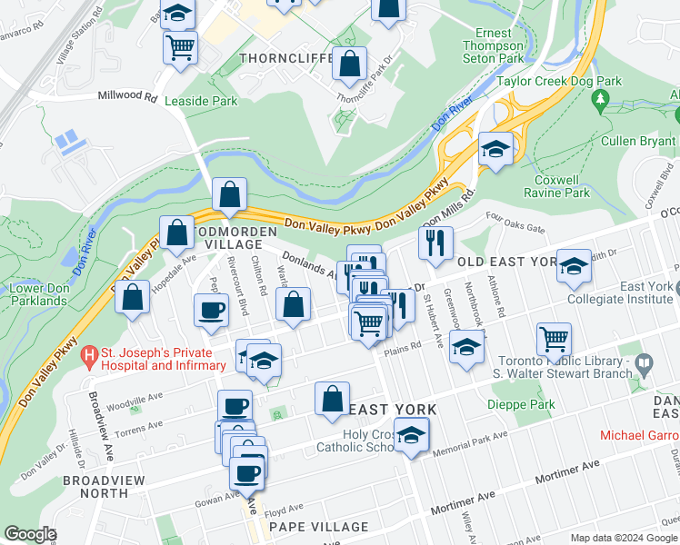 map of restaurants, bars, coffee shops, grocery stores, and more near 451 Donlands Avenue in Toronto