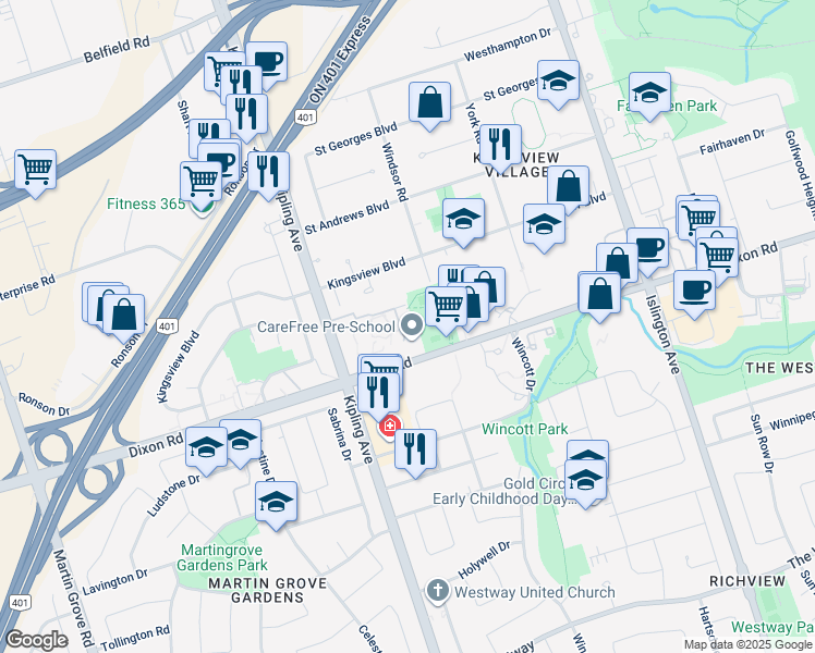 map of restaurants, bars, coffee shops, grocery stores, and more near in Toronto