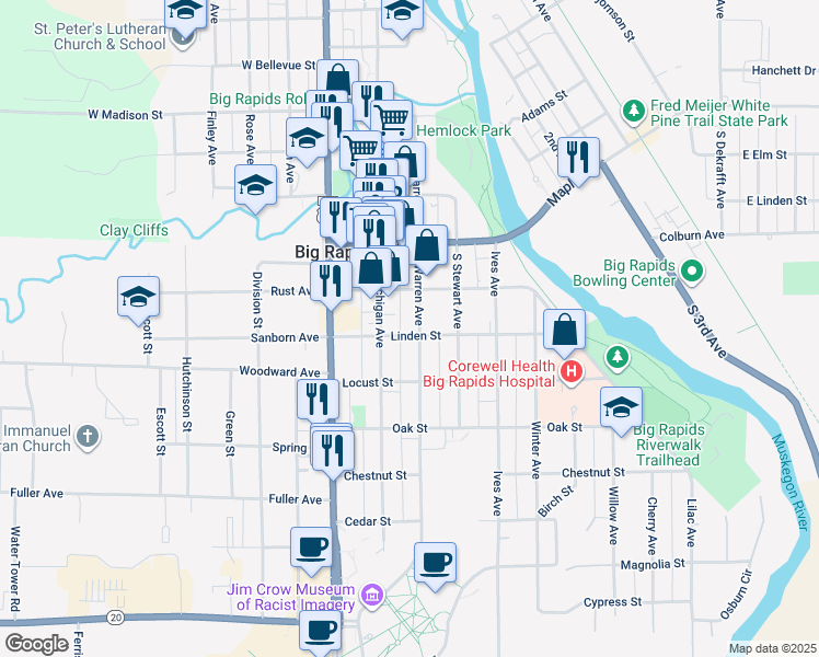 map of restaurants, bars, coffee shops, grocery stores, and more near 216 South Warren Avenue in Big Rapids