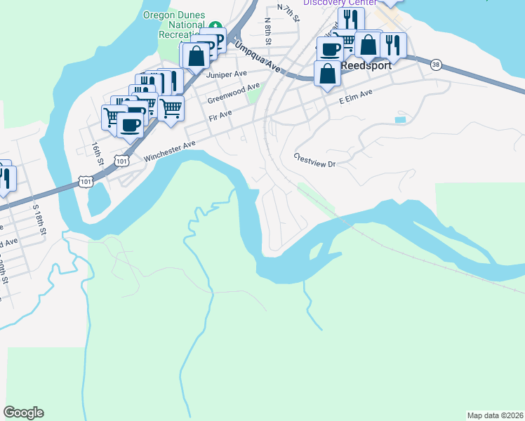 map of restaurants, bars, coffee shops, grocery stores, and more near 100 River Bend Road in Reedsport