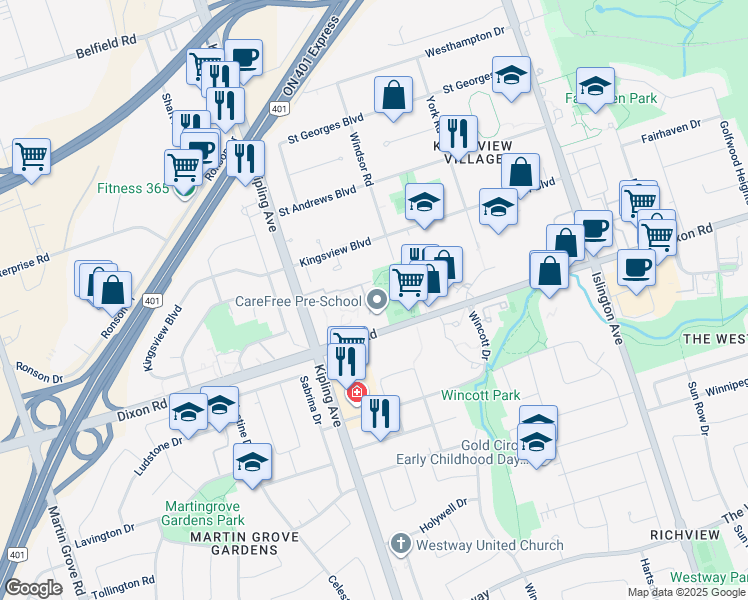map of restaurants, bars, coffee shops, grocery stores, and more near 350 Dixon Road in Toronto