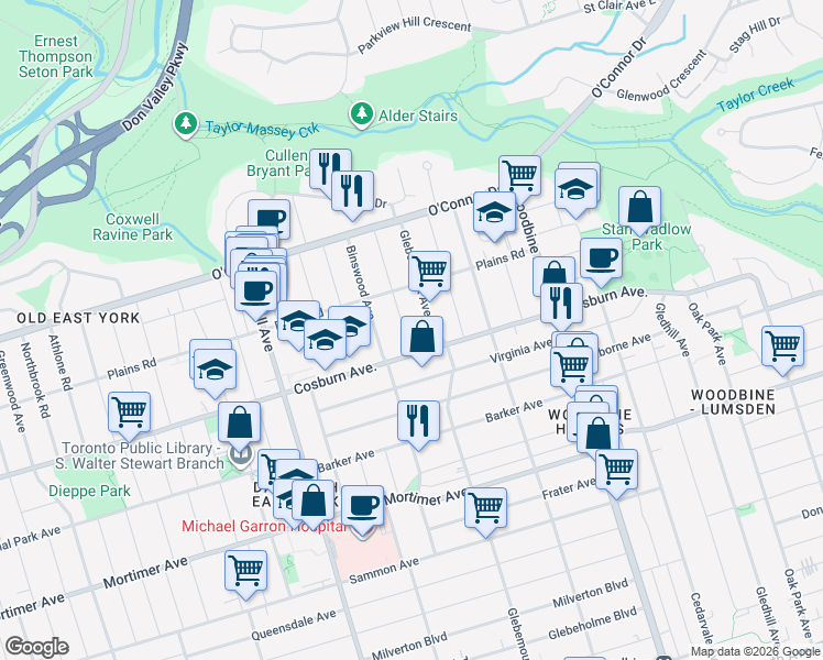map of restaurants, bars, coffee shops, grocery stores, and more near 9 Roblin Avenue in Toronto