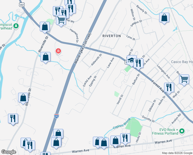map of restaurants, bars, coffee shops, grocery stores, and more near 107 Euclid Avenue in Portland