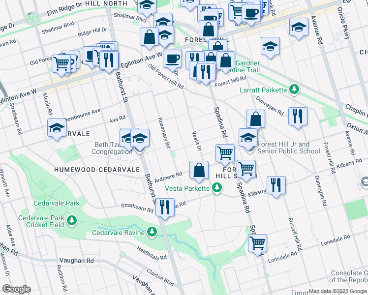 map of restaurants, bars, coffee shops, grocery stores, and more near Elderwood Drive in Toronto
