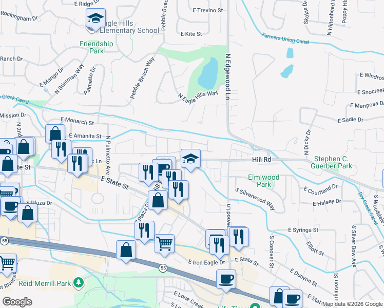 map of restaurants, bars, coffee shops, grocery stores, and more near 177 North Edgewood Lane in Eagle