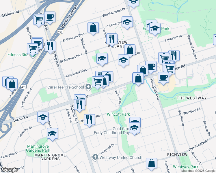 map of restaurants, bars, coffee shops, grocery stores, and more near 330 Dixon Road in Toronto