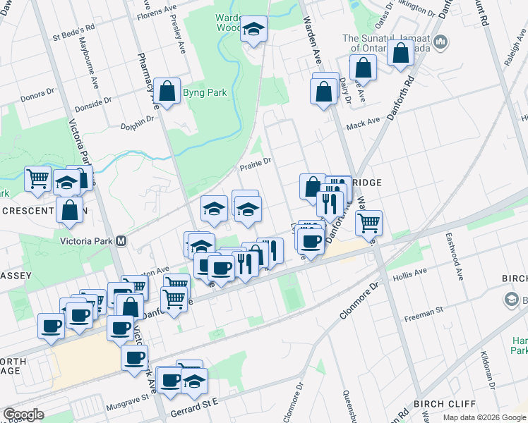 map of restaurants, bars, coffee shops, grocery stores, and more near 78 Robinson Avenue in Toronto