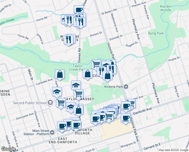 map of restaurants, bars, coffee shops, grocery stores, and more near 6 Crescent Town Road in Toronto