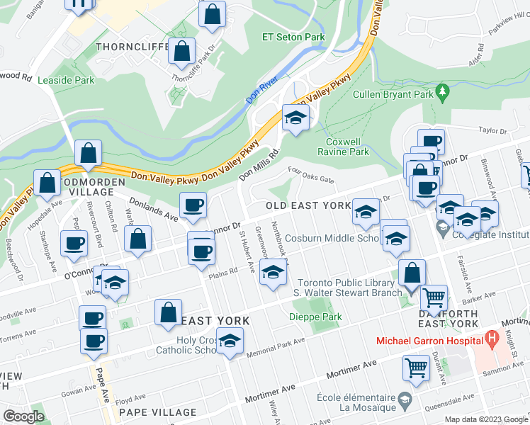 map of restaurants, bars, coffee shops, grocery stores, and more near 374 O'Connor Drive in Toronto