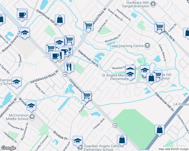 map of restaurants, bars, coffee shops, grocery stores, and more near 82 Penbridge Circle in Brampton