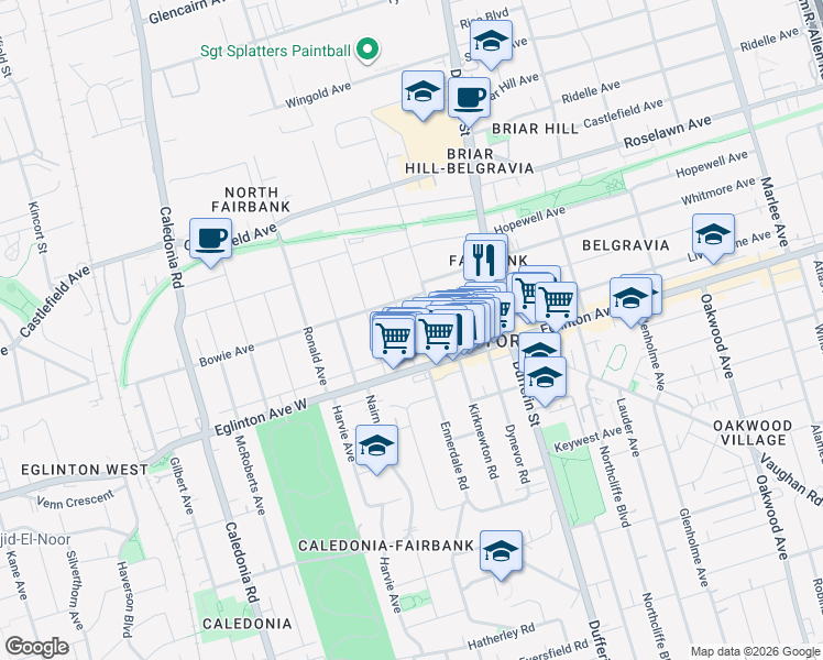 map of restaurants, bars, coffee shops, grocery stores, and more near 23 Hartley Avenue in Toronto