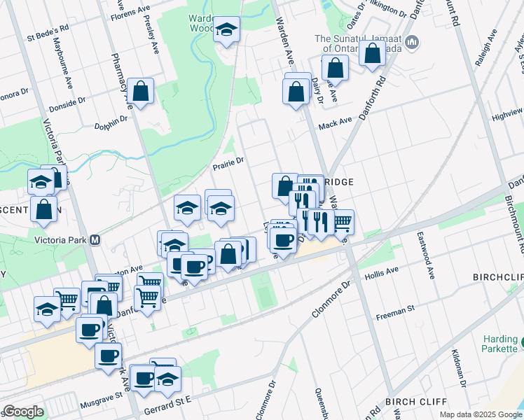 map of restaurants, bars, coffee shops, grocery stores, and more near in Toronto