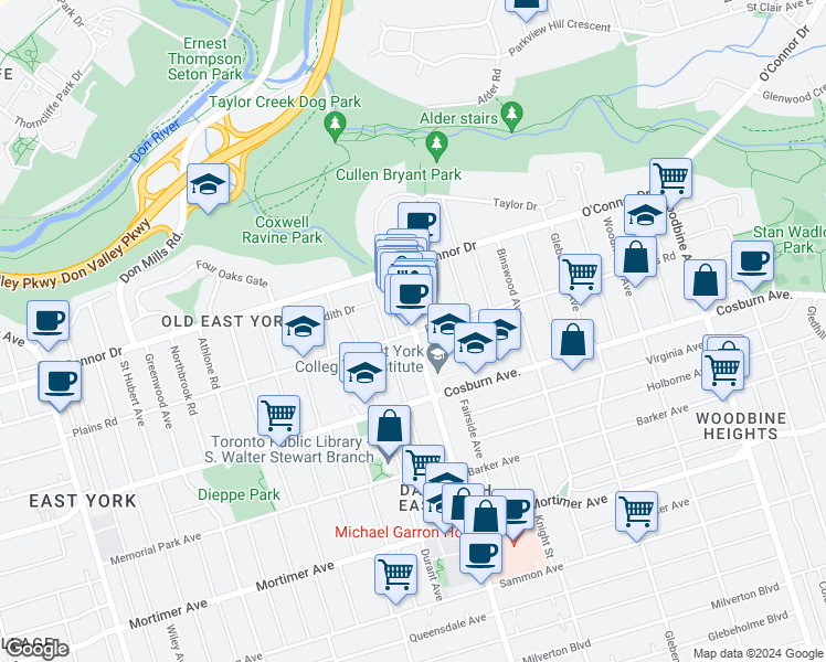 map of restaurants, bars, coffee shops, grocery stores, and more near 978 Coxwell Avenue in Toronto