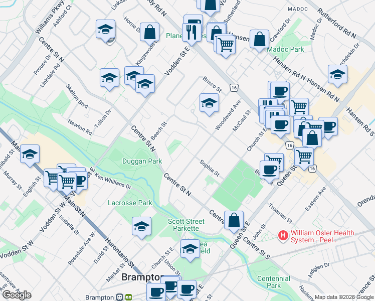 map of restaurants, bars, coffee shops, grocery stores, and more near 37 Salisbury Circle in Brampton