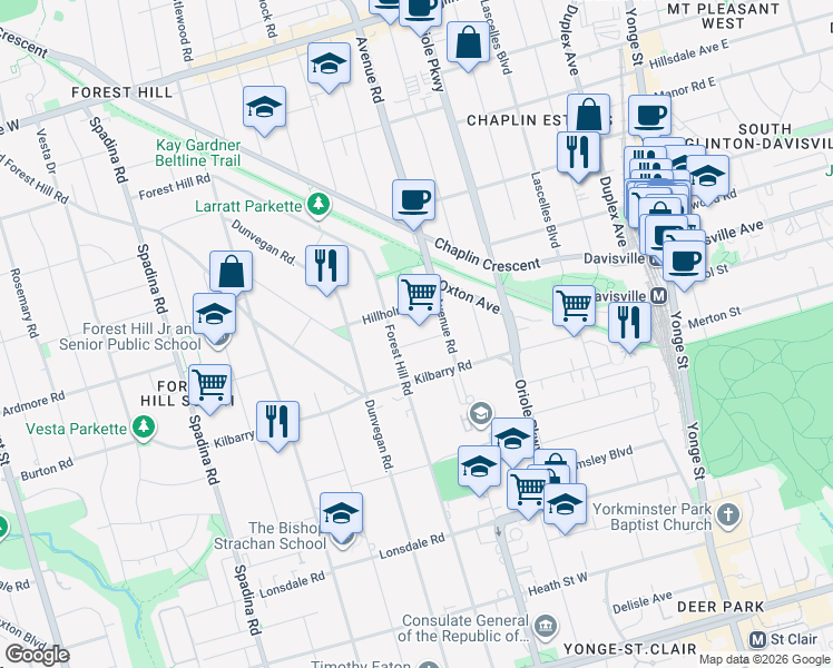 map of restaurants, bars, coffee shops, grocery stores, and more near 12 Killarney Road in Toronto
