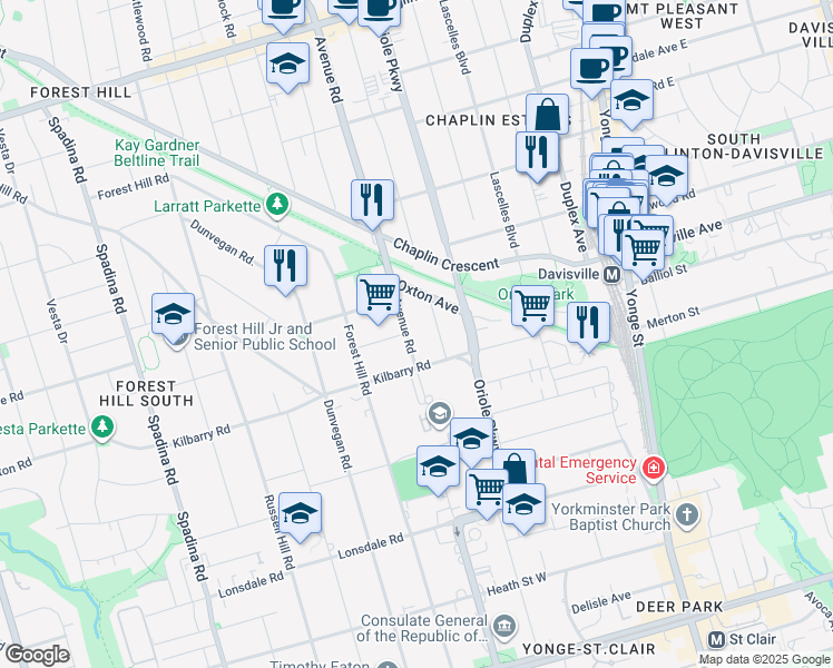 map of restaurants, bars, coffee shops, grocery stores, and more near 735 Avenue Road in Toronto