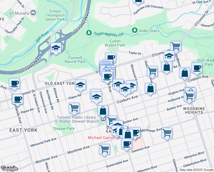 map of restaurants, bars, coffee shops, grocery stores, and more near in Toronto