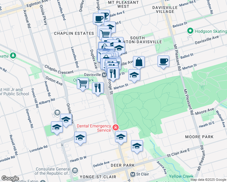 map of restaurants, bars, coffee shops, grocery stores, and more near in Toronto