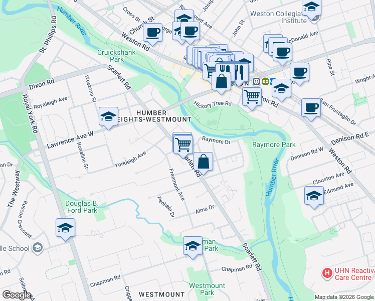 map of restaurants, bars, coffee shops, grocery stores, and more near 5 Raymore Drive in Toronto