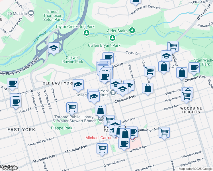 map of restaurants, bars, coffee shops, grocery stores, and more near 978 Coxwell Avenue in Toronto