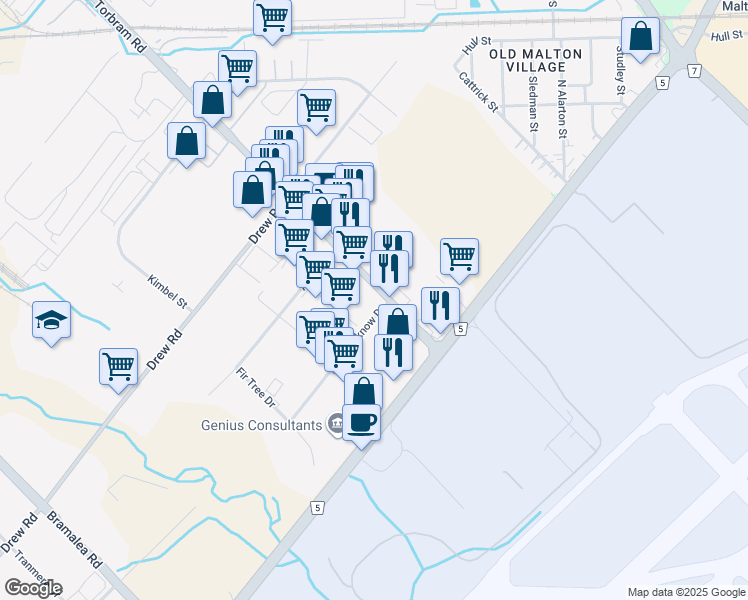 map of restaurants, bars, coffee shops, grocery stores, and more near 7100 Torbram Road in Mississauga