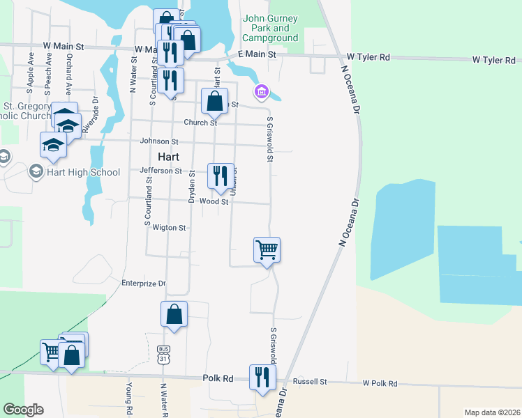 map of restaurants, bars, coffee shops, grocery stores, and more near 605 South Griswold Street in Hart