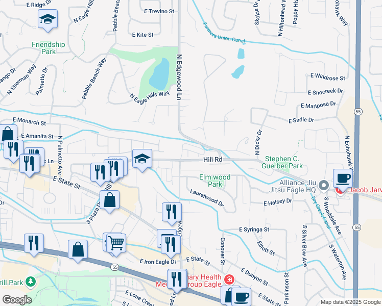 map of restaurants, bars, coffee shops, grocery stores, and more near 1700 Hill Road in Eagle