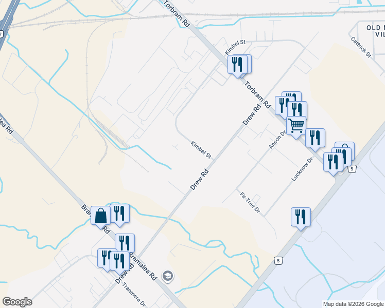 map of restaurants, bars, coffee shops, grocery stores, and more near 7699 Kimbel Street in Mississauga