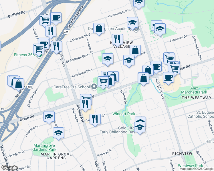 map of restaurants, bars, coffee shops, grocery stores, and more near 340 Dixon Road in Toronto
