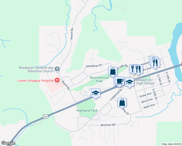 map of restaurants, bars, coffee shops, grocery stores, and more near 2940 Ridgeway Drive in Reedsport