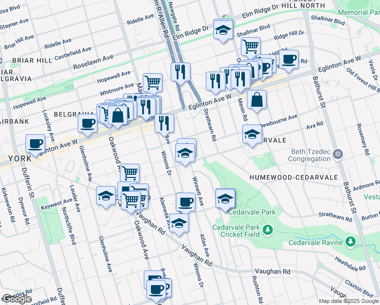 map of restaurants, bars, coffee shops, grocery stores, and more near 441 Winnett Avenue in Toronto