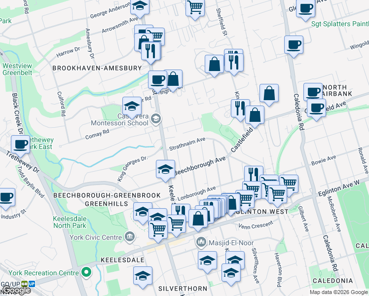 map of restaurants, bars, coffee shops, grocery stores, and more near 181 Strathnairn Avenue in Toronto