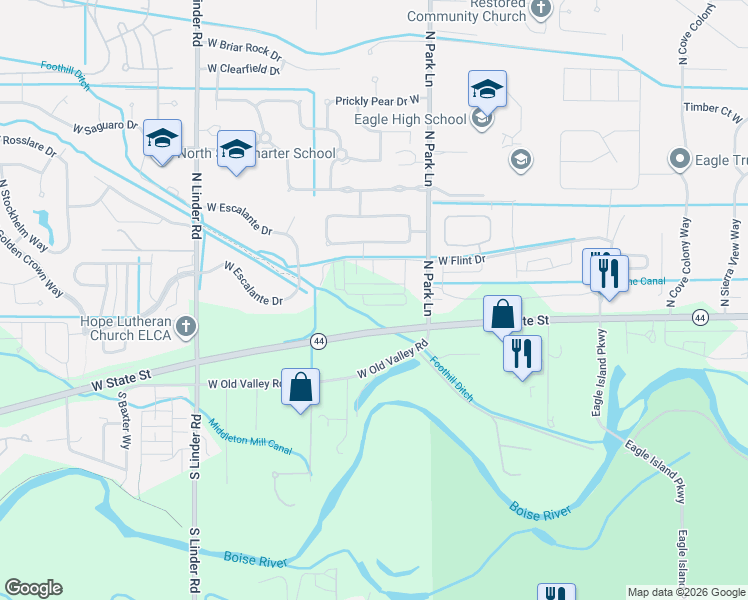 map of restaurants, bars, coffee shops, grocery stores, and more near 101 North Park Lane in Eagle