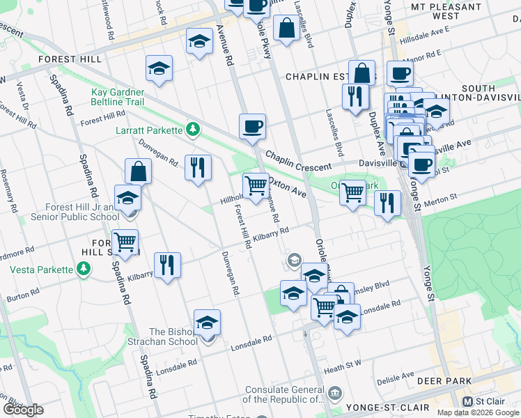 map of restaurants, bars, coffee shops, grocery stores, and more near 8 Killarney Road in Toronto