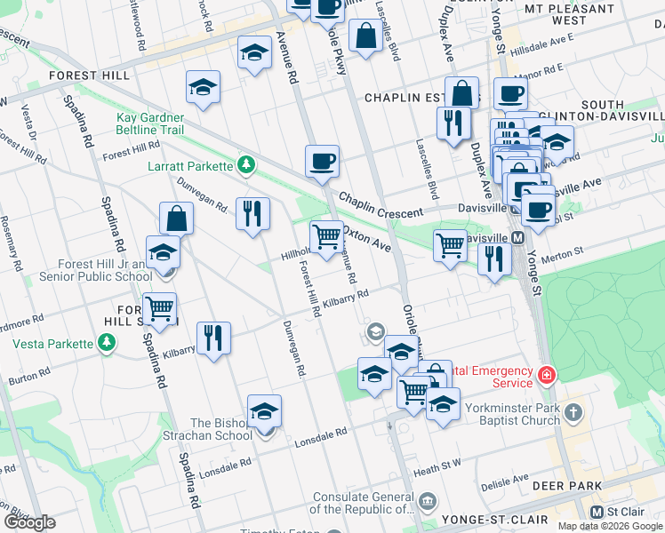 map of restaurants, bars, coffee shops, grocery stores, and more near in Toronto