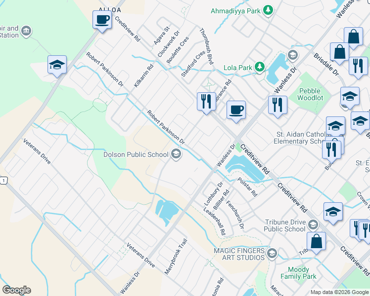 map of restaurants, bars, coffee shops, grocery stores, and more near 276 Robert Parkinson Drive in Brampton