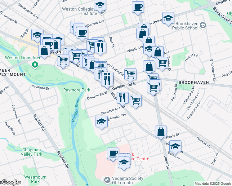 map of restaurants, bars, coffee shops, grocery stores, and more near 6 Denison Road East in Toronto
