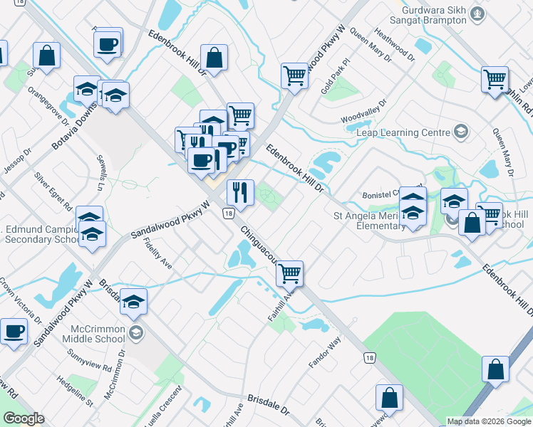 map of restaurants, bars, coffee shops, grocery stores, and more near 71 Peachleaf Crescent in Brampton