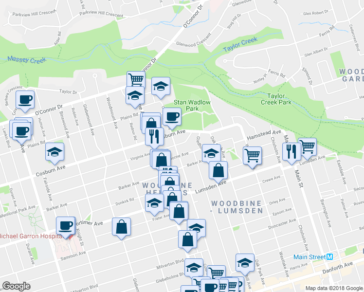 map of restaurants, bars, coffee shops, grocery stores, and more near 203 Virginia Avenue in Toronto