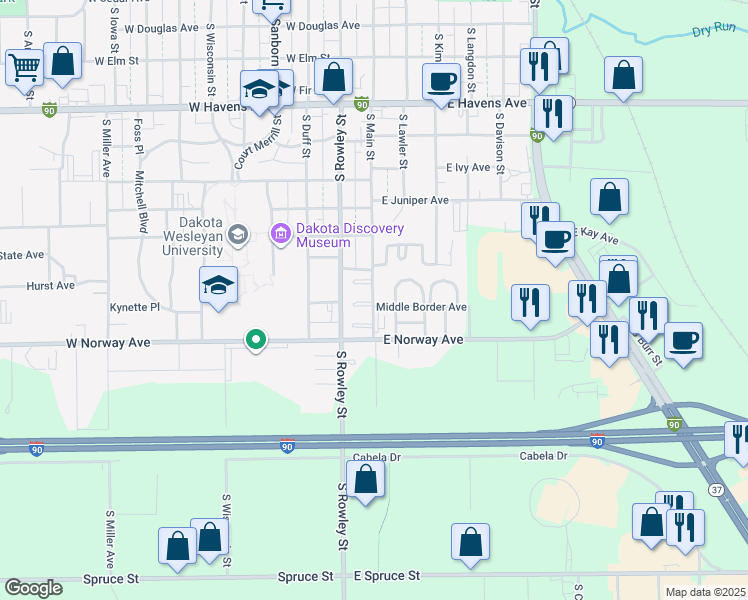 map of restaurants, bars, coffee shops, grocery stores, and more near 1456 South Main Street in Mitchell